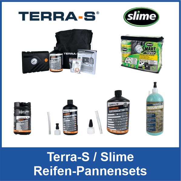 Terra S und Slime Reifen-Pannensets und Ersatzflaschen